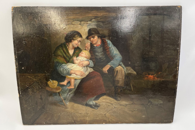 Картина «Семейная сцена». Германия, середина 19 века, художник T. R. H. Дерево, картон, масло.