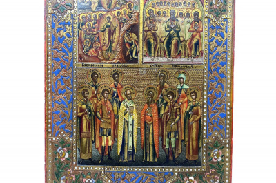 Икона трехчастная: Воскресение Христово, Св. праотцы Исаак, Авраам, Иаков, избранные святые. Россия, кон. 19 в. Дерево, темпера.