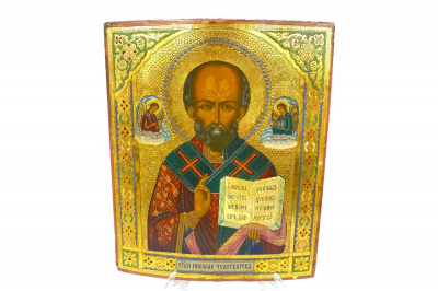 Икона Николай Чудотворец с Св. архангелом Михаилом и Св. Архангелом Гавриилом. Россия, конец 19 - начало 20 века. Дерево, темпера.