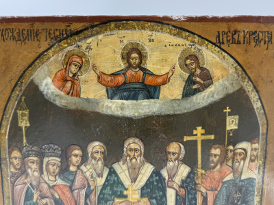 Икона Происхождение Честных Древ Животворящего Креста Господня.  Россия, 2 половина 19 века.  Дерево, левкас, темпера. 