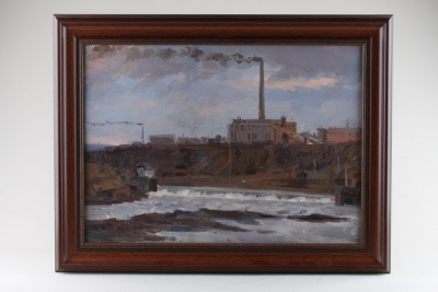 Картина "Воркутинская ТЭЦ-1". Россия, художник Русских А. Е., 1961. Картон, масло