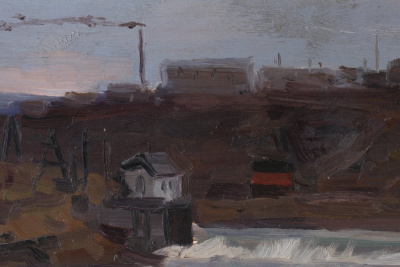 Картина "Воркутинская ТЭЦ-1". Россия, художник Русских А. Е., 1961. Картон, масло
