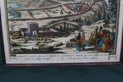Гравюра "Дербент". Амстердам, 1705 г., гравер Питер Шенк Старший. Бумага, печать, акварель.