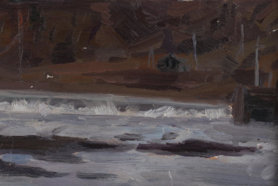 Картина "Воркутинская ТЭЦ-1". Россия, художник Русских А. Е., 1961. Картон, масло