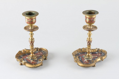 Парные подсвечники с эмалью "шаплеве". Франция, Париж, 1860 - 1870-е годы. Бронза, эмаль.