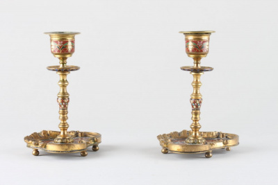 Парные подсвечники с эмалью "шаплеве". Франция, Париж, 1860 - 1870-е годы. Бронза, эмаль.