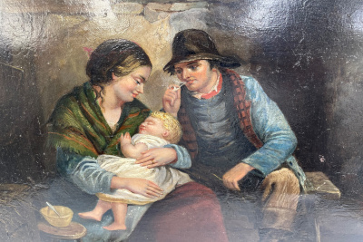 Картина «Семейная сцена». Германия, середина 19 века, художник T. R. H. Дерево, картон, масло.