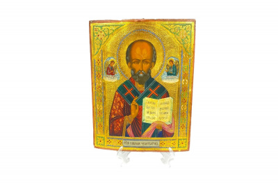 Икона Николай Чудотворец с Св. архангелом Михаилом и Св. Архангелом Гавриилом. Россия, конец 19 - начало 20 века. Дерево, темпера.