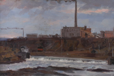 Картина "Воркутинская ТЭЦ-1". Россия, художник Русских А. Е., 1961. Картон, масло