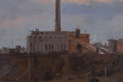Картина "Воркутинская ТЭЦ-1". Россия, художник Русских А. Е., 1961. Картон, масло